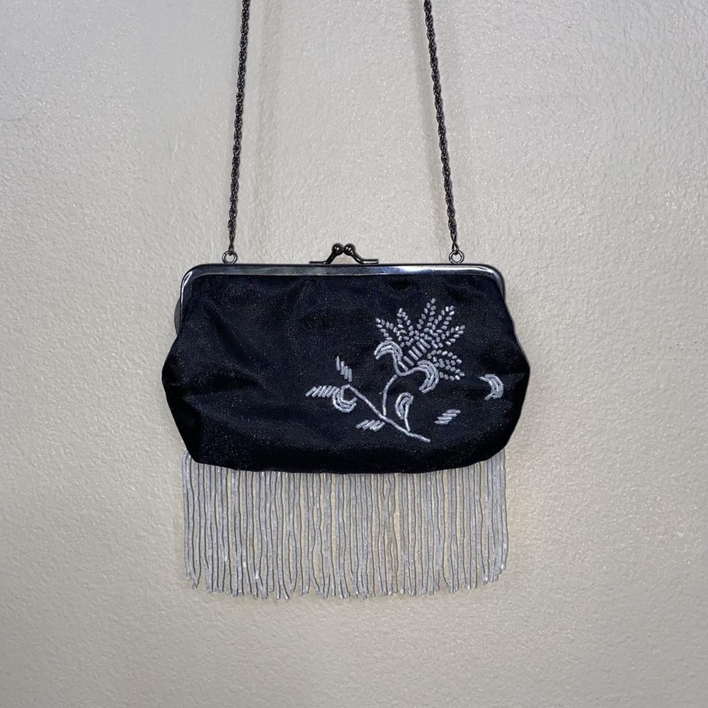 Cache hand beaded evening clutch/shoulder bag black and white floral